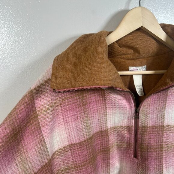 Free People Woodstock Brushed Plaid Poncho Cape Pink Brown One Size Fall Cozy - Picture 5 of 10